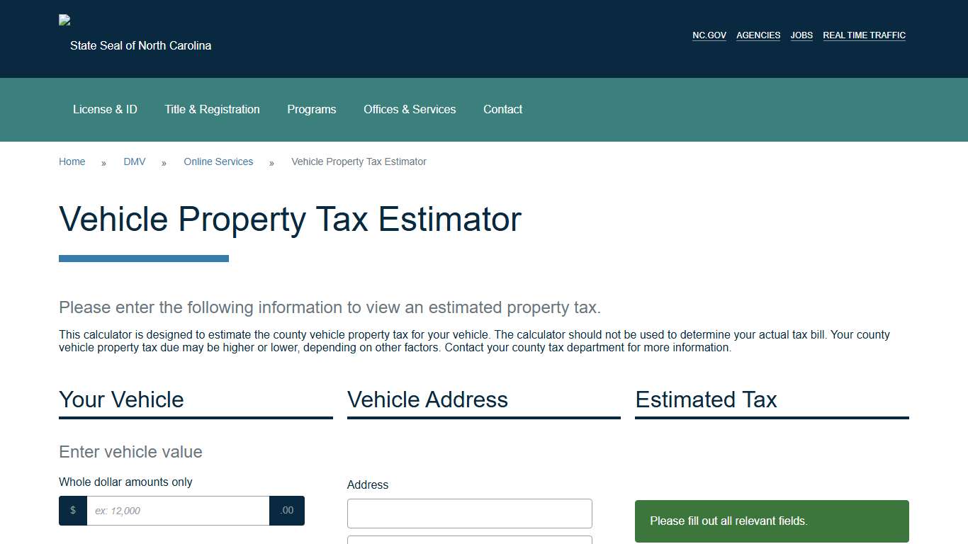 North Carolina Vehicle Property Tax Estimator